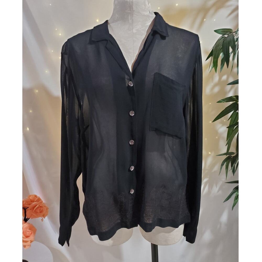 Vtg 90s Chicos Design Egyptian Hieroglyph Sheer Shell Button Blouse Sz 0 US S 4